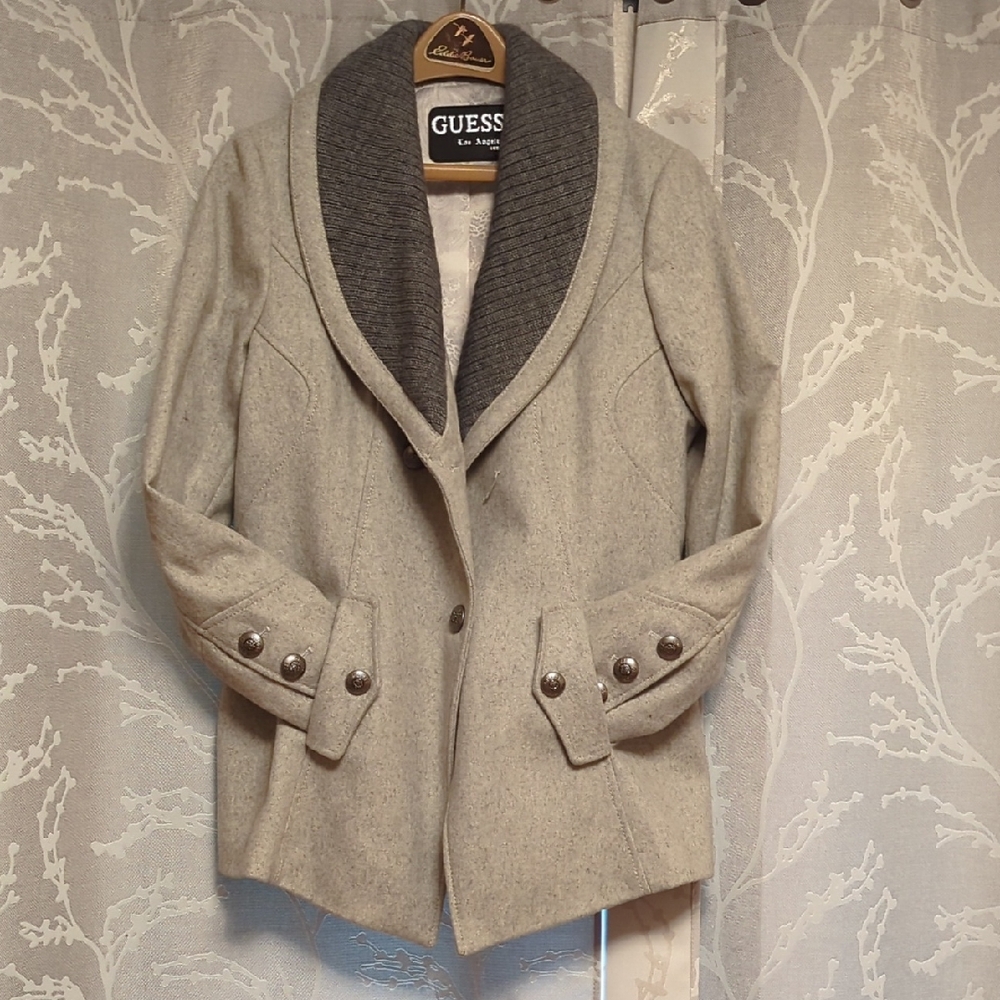 GUESS Women's Light Gray Pea Coat with Dark Gray Collar